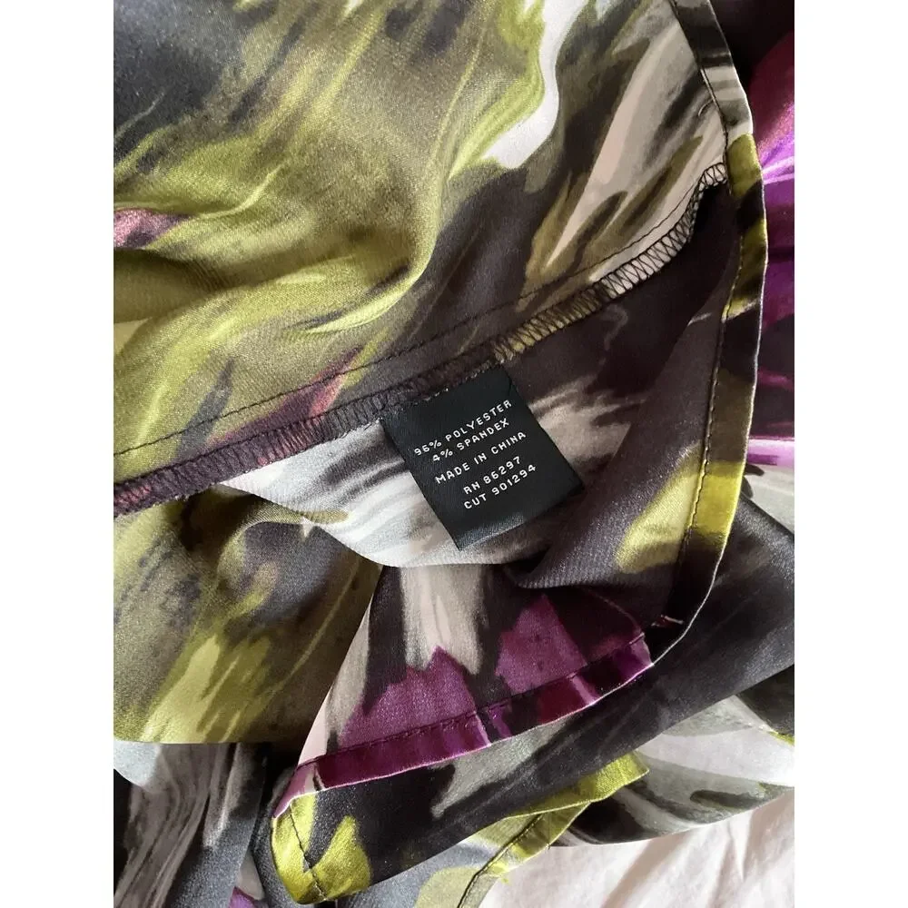 BCBGMAXAZRIA Multicolor Abstract Satin Sheath Dress Belted Boat Neck Sz M